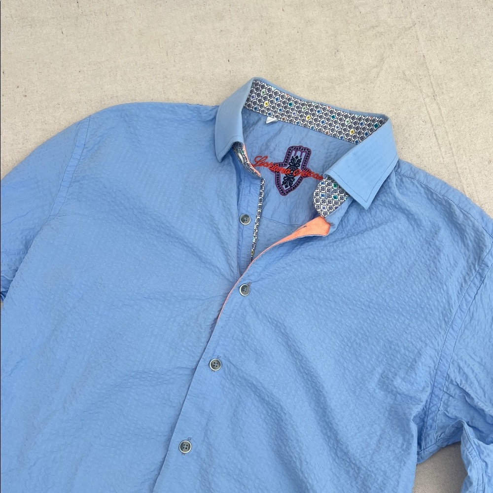 Men's Light Blue Button-Up Shirt with Patterned Inner Collar